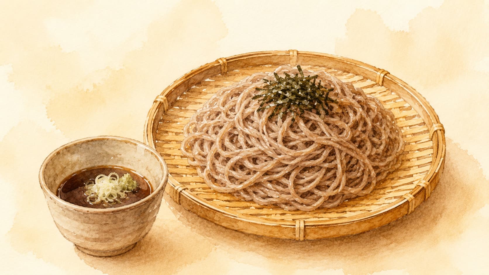 ざる蕎麦の盛り付けが美しい風景。
