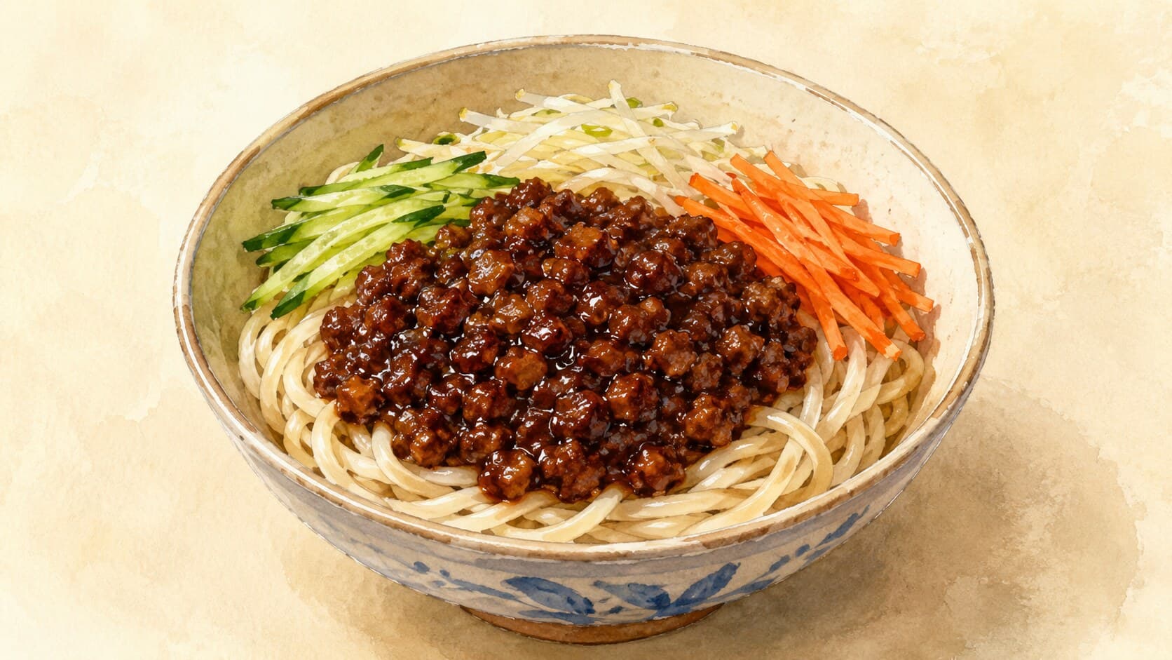白い太い麺の上に光沢のある豚肉と豆板醤ソース、薄切りのきゅうりがのった料理のイメージ。
