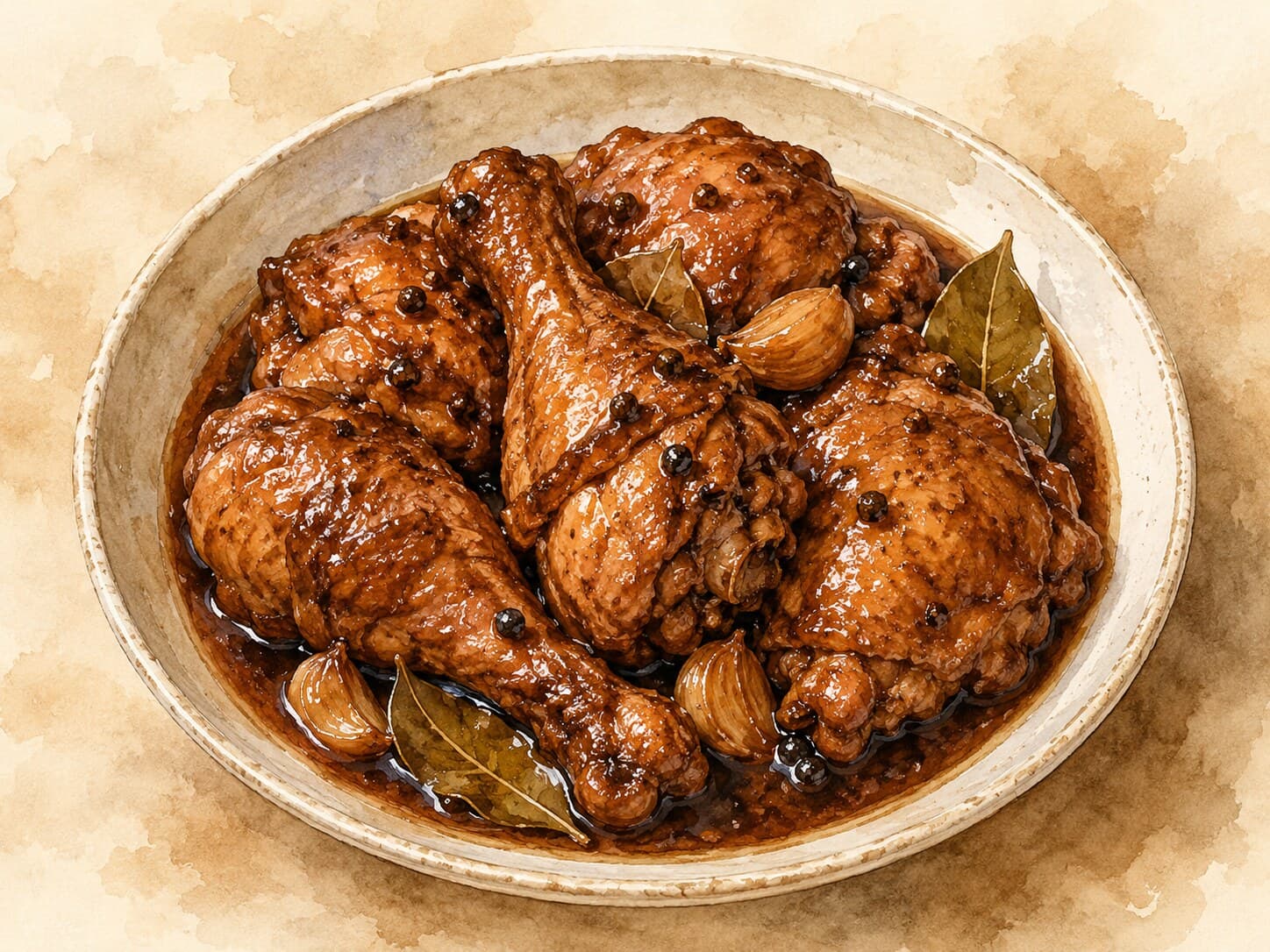 Glossy dark-braised chicken thighs served over rice with visible bay leaf and peppercorns.