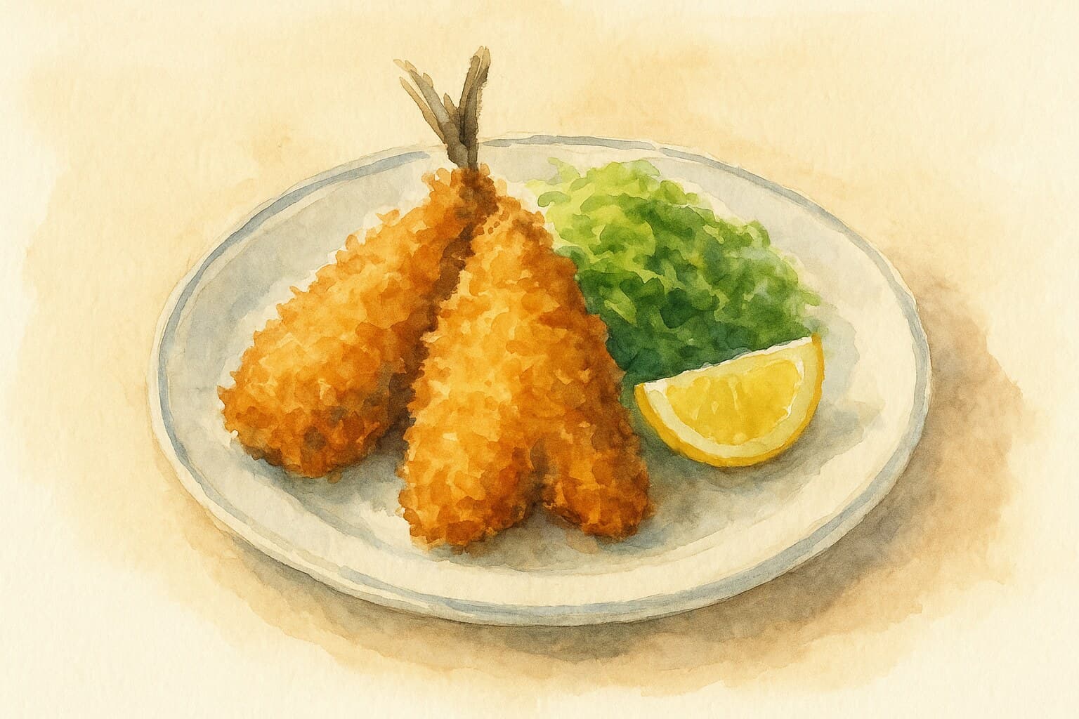Two golden panko-crusted aji fillets on a plate with shredded cabbage and a lemon wedge.