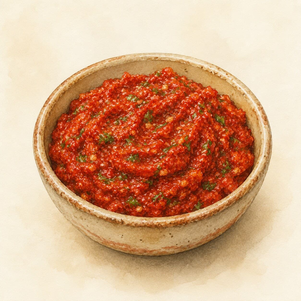 A vibrant bowl of ajika red chile paste surrounded by fresh ingredients.