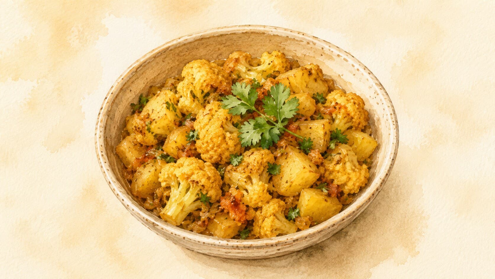 Aloo Gobi featuring turmeric-spiced potatoes and cauliflower garnished with fresh cilantro.