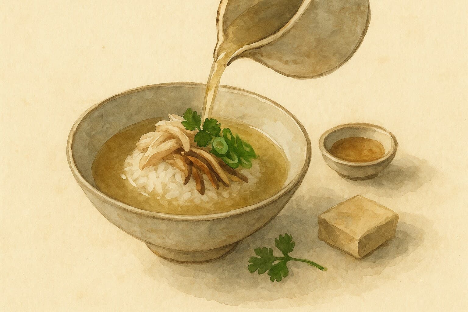 白ご飯の上に細かくほぐした鶏肉、薄焼き卵、漬物、海苔が美しく盛り付けられ、透明な黄金の出汁が注がれている様子。