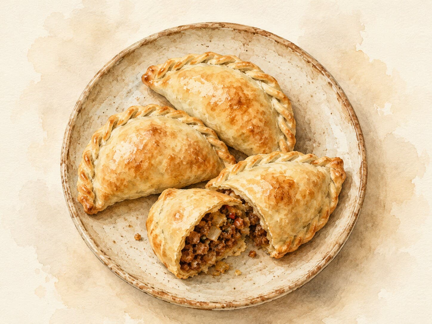 A beautifully arranged plate of golden-brown Argentine Beef Empanadas on a warm cream background.