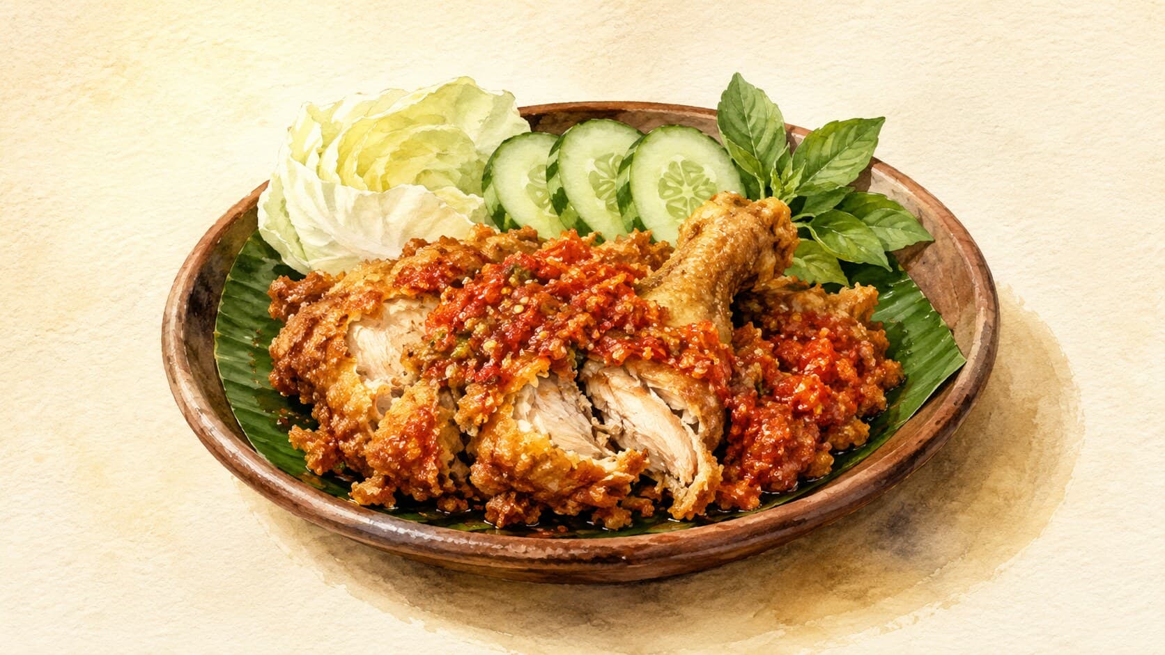 A smashed deep-fried chicken thigh on a wooden board accompanied by a mound of bright-red sambal terasi and fresh cucumber and tomato wedges.