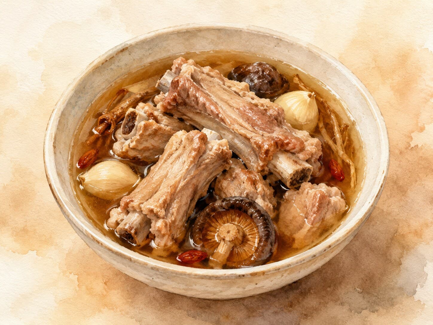 肉骨茶の濃いスープに豚バラ肉、丸ごとのニンニク、きのこが入った土鍋とご飯、醤油のサイド。