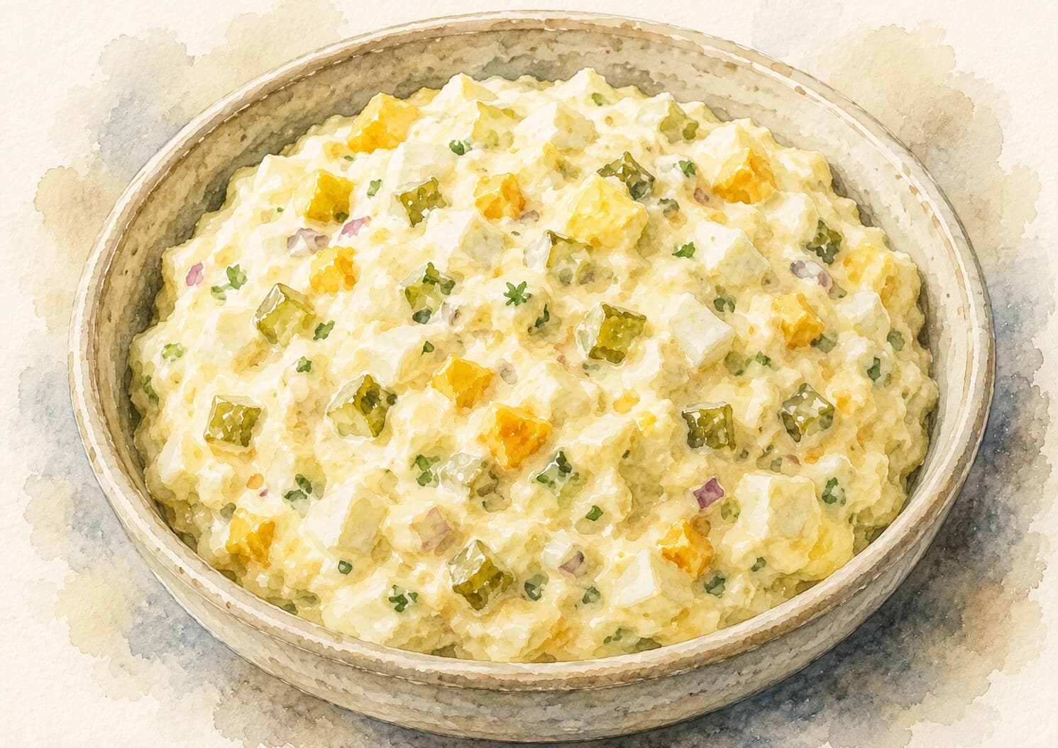A bowl of creamy tartar sauce surrounded by fresh herbs and pickles.