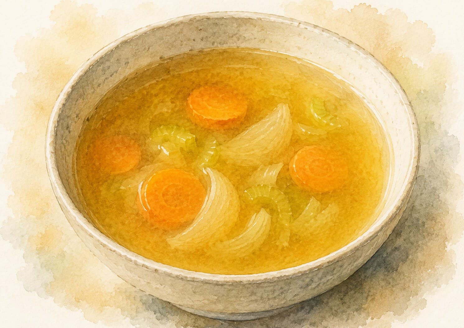 A vibrant bowl of homemade vegetable broth with visible chunks of vegetables.