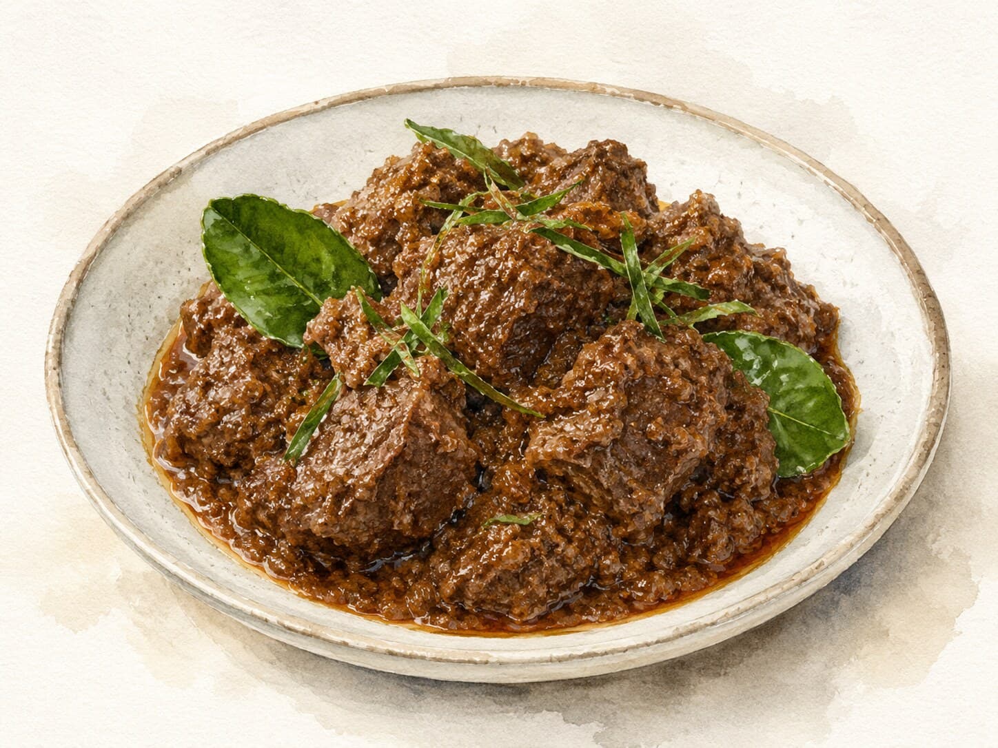 A beautifully illustrated bowl of Beef Rendang with a warm cream background.