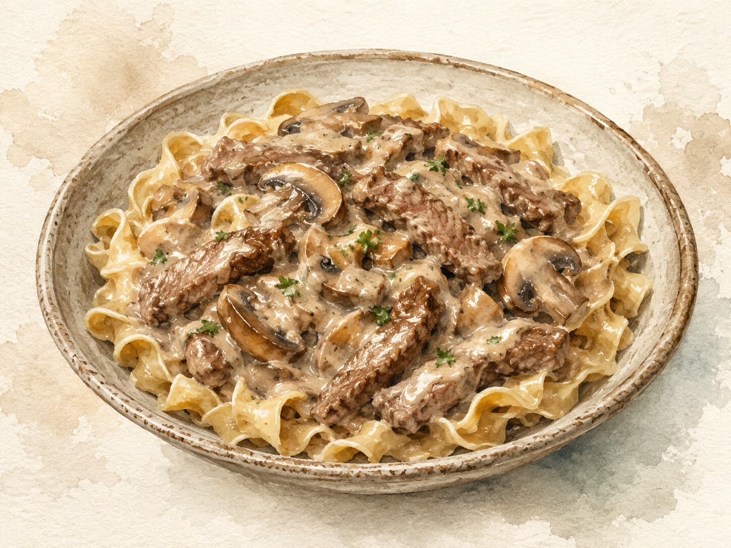 A bowl of Beef Stroganoff with creamy sauce and tender beef on a warm cream background.