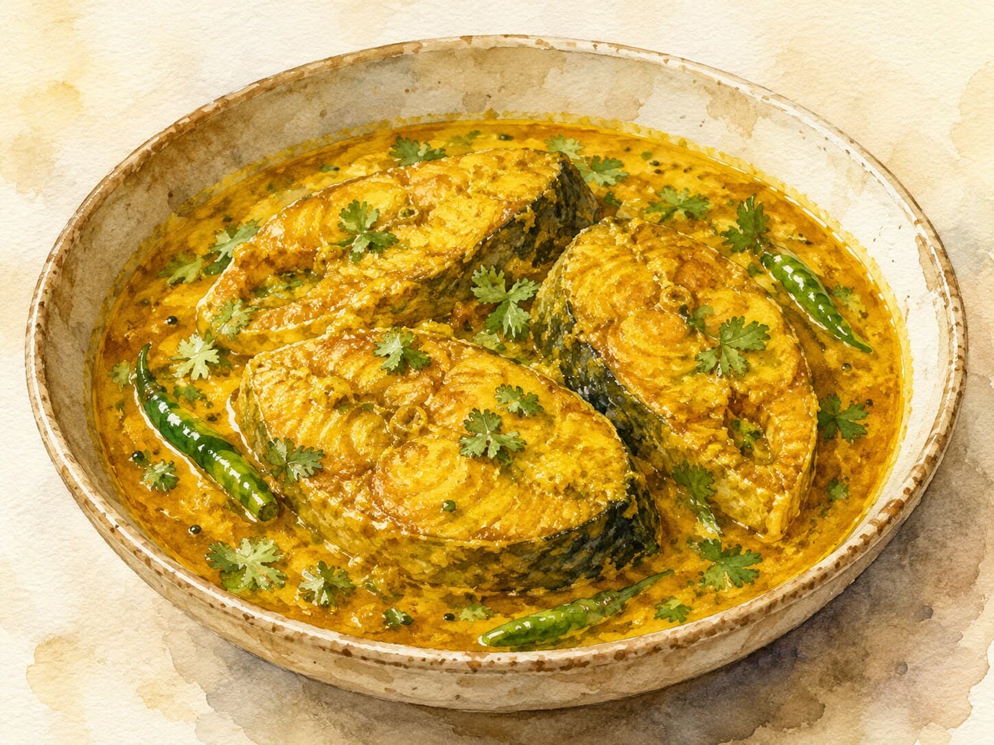 A beautifully illustrated bowl of Macher Jhol with fresh herbs on a warm cream background.