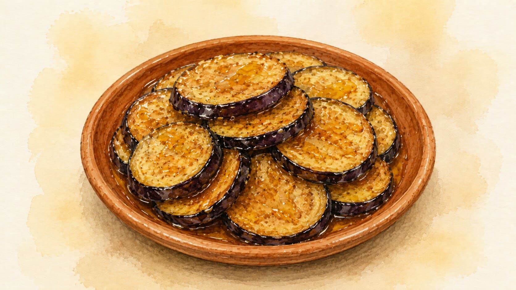 A small clay dish filled with golden-brown fried eggplant rounds, glossy with honey drizzle, scattered with sesame seeds.