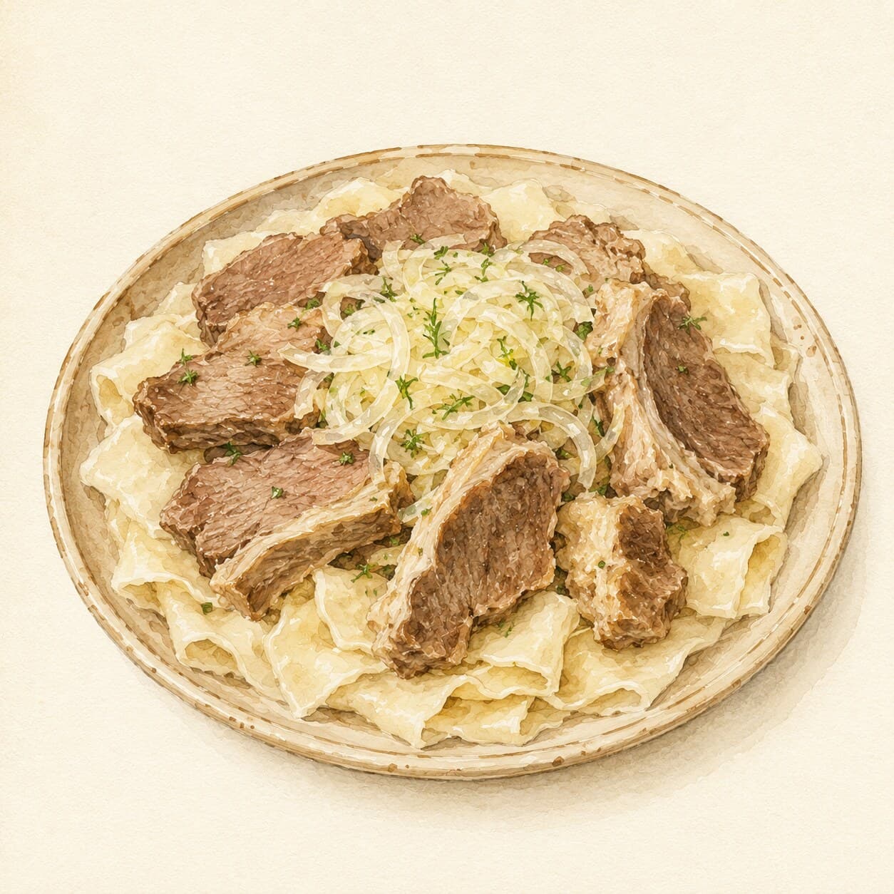 A plate of beshbarmak showcasing boiled meat, flat noodles, and onion broth.