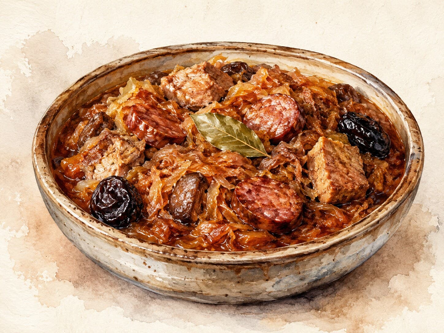 A cozy bowl of Bigos, showcasing tender meat and vibrant sauerkraut against a warm cream background.
