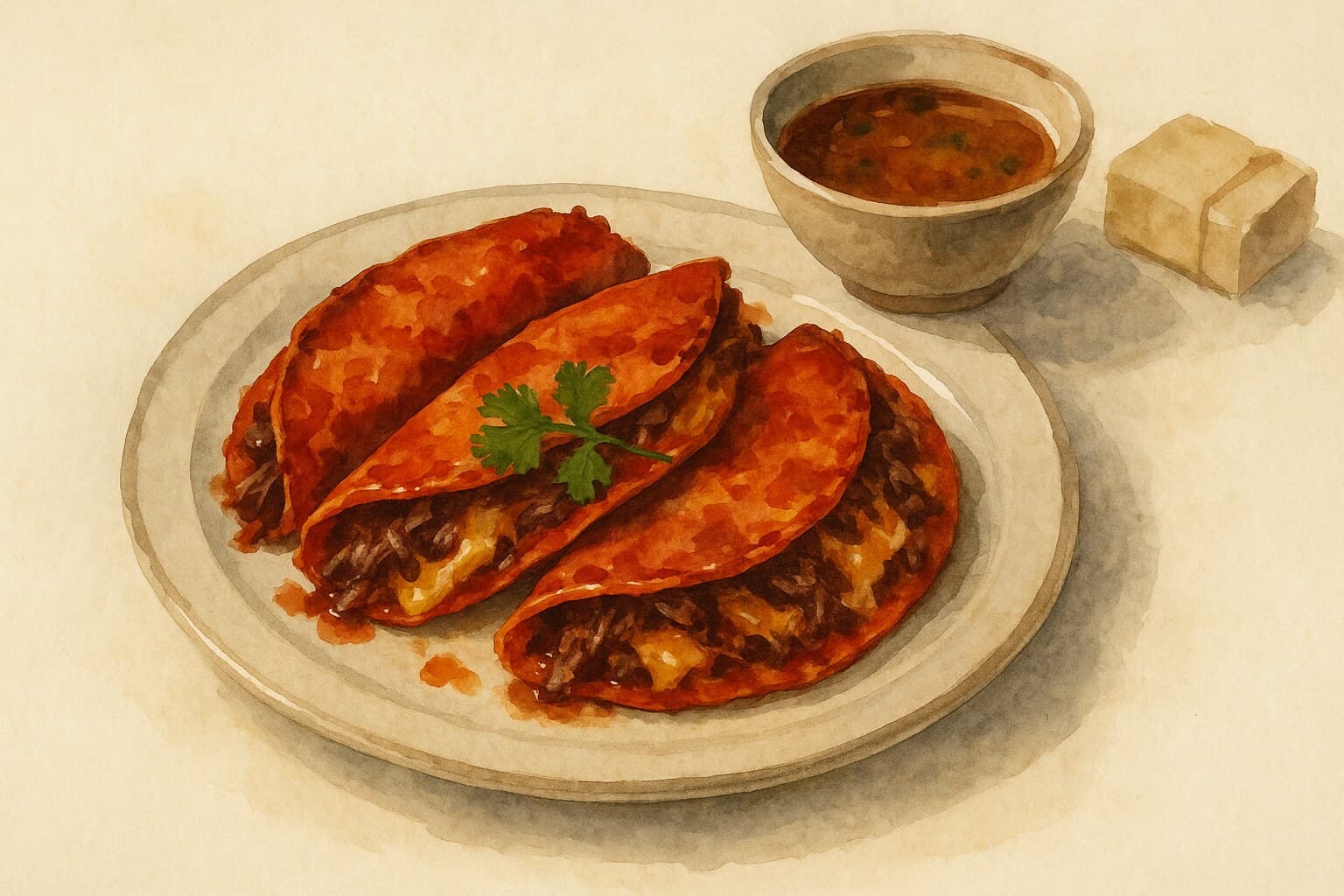 Crisp red-stained folded tacos filled with shredded beef and melted cheese, served with a small cup of consomme.