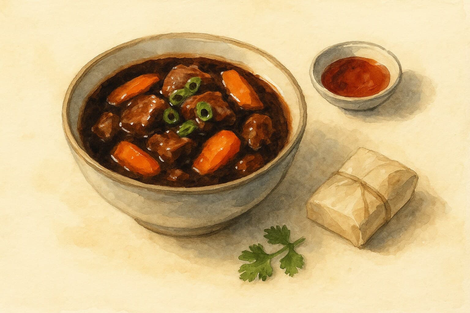 A bowl of dark fragrant Vietnamese beef stew with chunks of carrot and beef, served with bread or noodles.