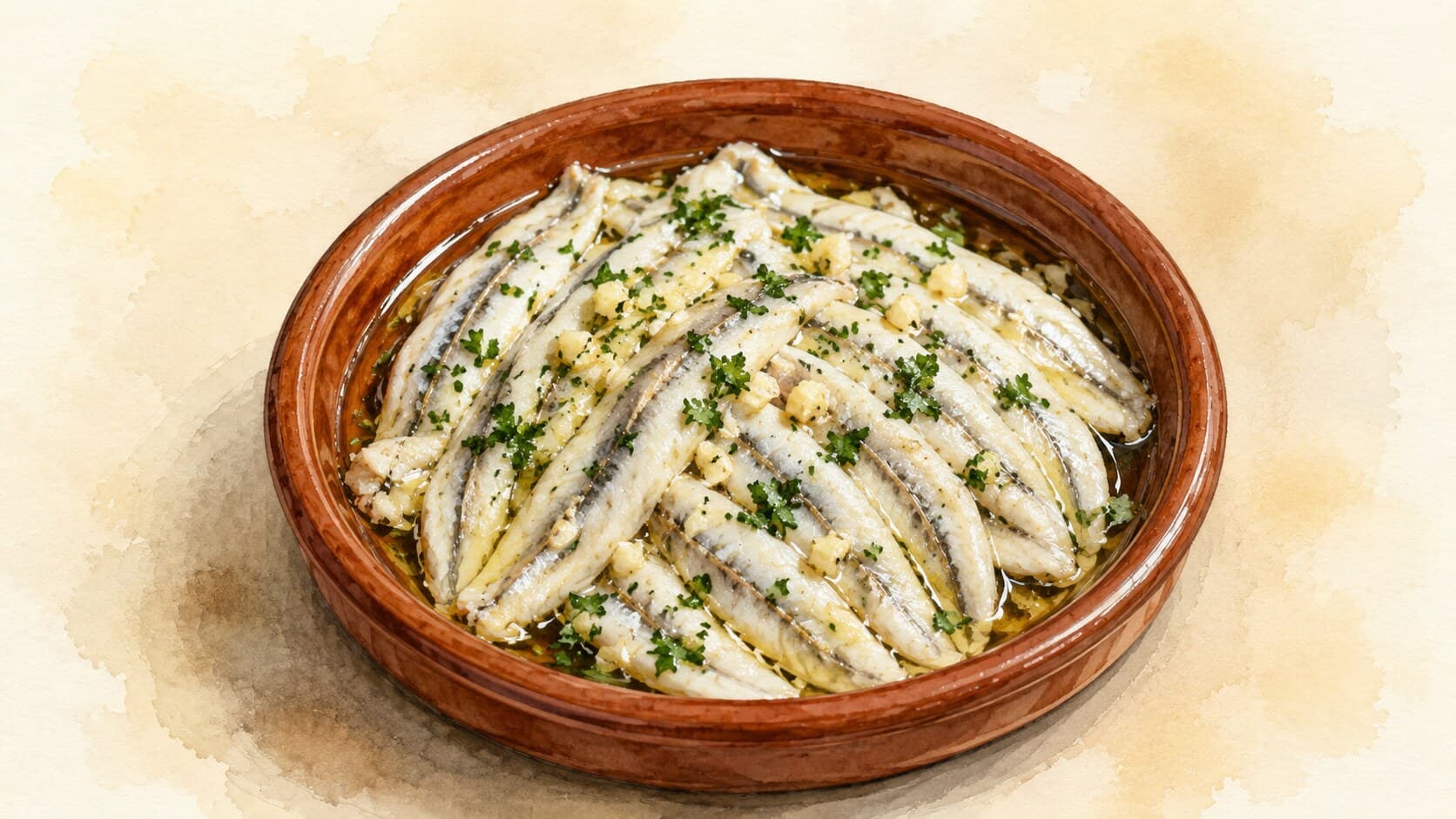 Translucent white anchovy fillets dressed in olive oil, garnished with parsley and garlic.