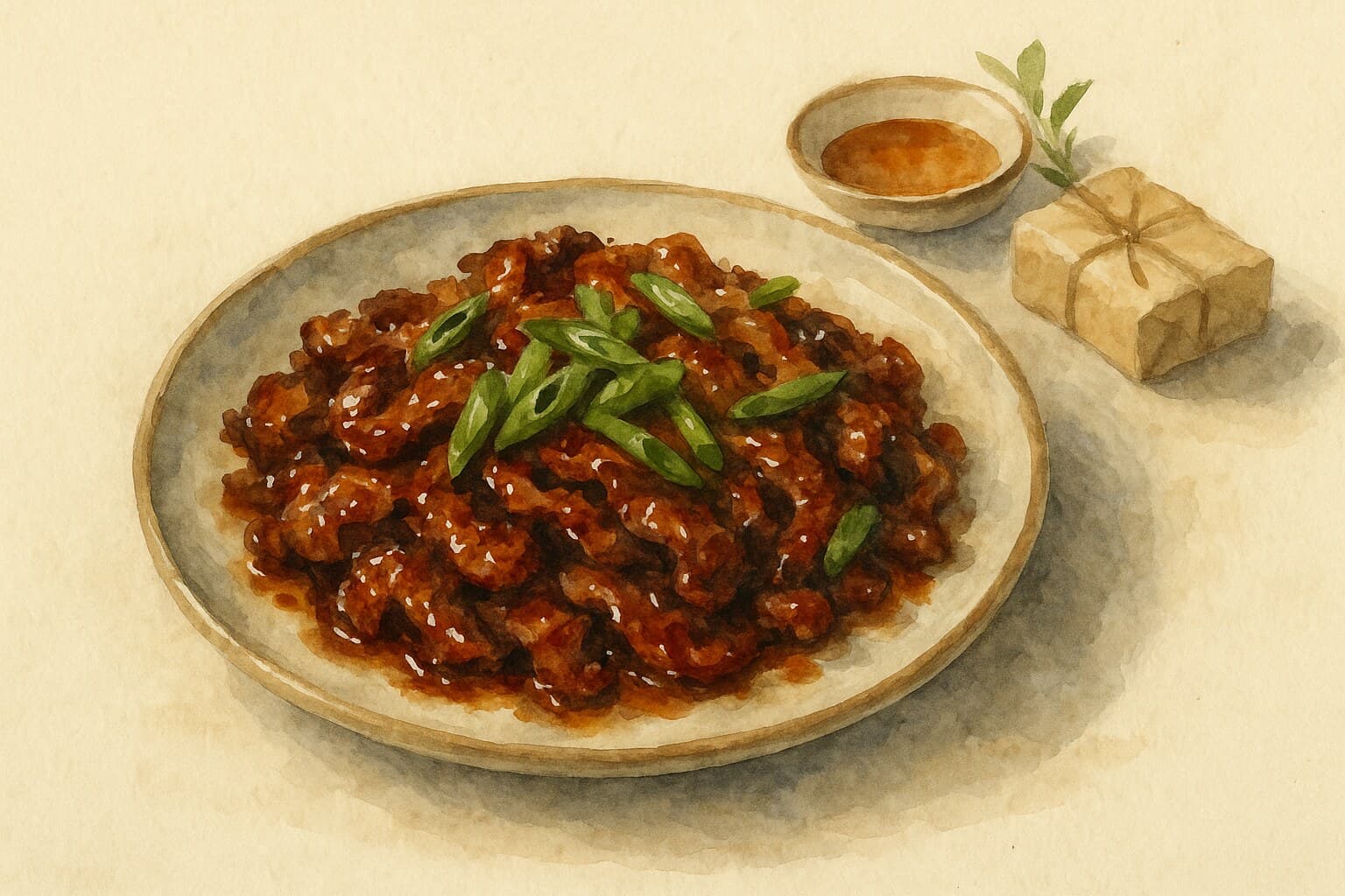 A vibrant plate of caramelized bulgogi with scallions, showcasing the rich, glossy finish of the beef.
