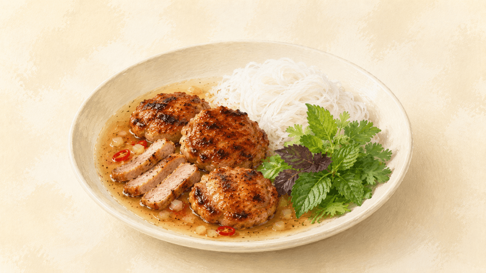 A ceramic dipping bowl of pork patties and pork belly in amber nước chấm sauce, alongside a nest of white rice vermicelli and a plate of fresh herbs