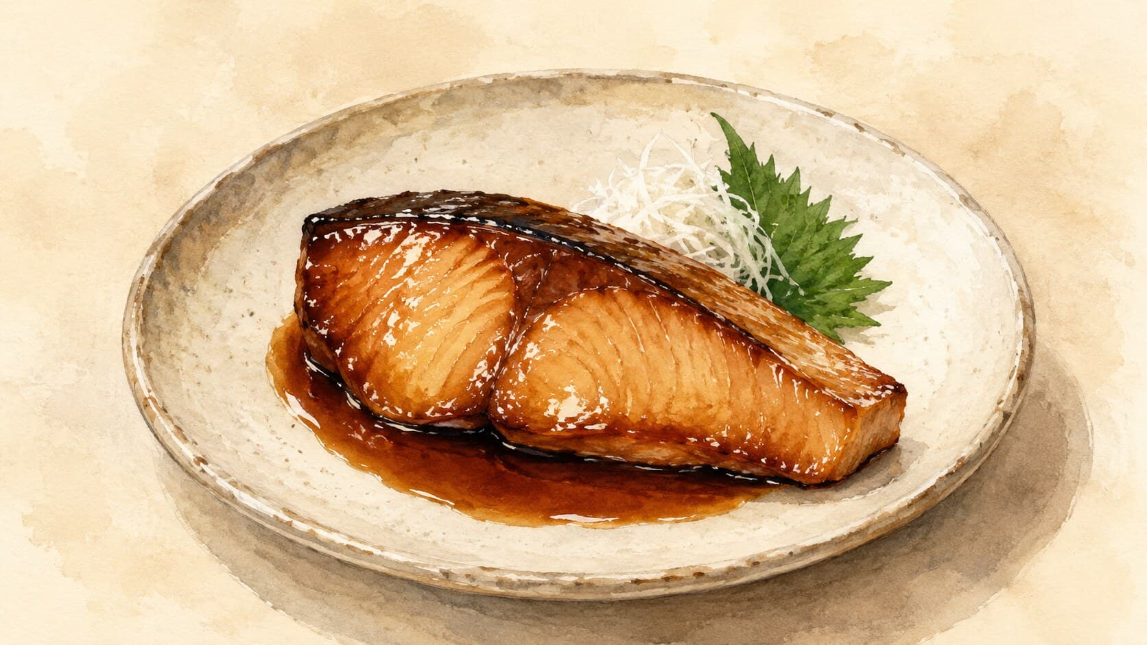 光沢のある照り焼きされた鰤のフィレが盛り付けられた皿と、添えられた大根おろし。