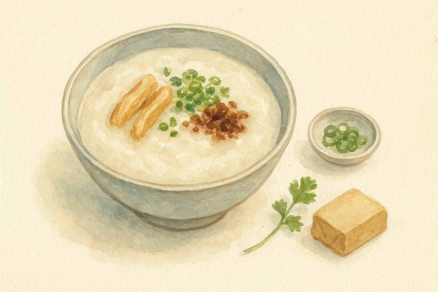 A bowl of smooth white Cantonese congee topped with thin scallions, ginger, and a swirl of sesame oil.