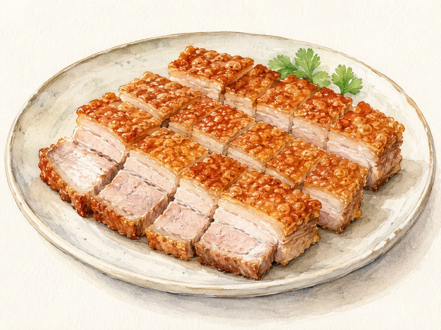An elegant watercolor illustration of crispy roast pork belly showcasing its golden crackling skin.