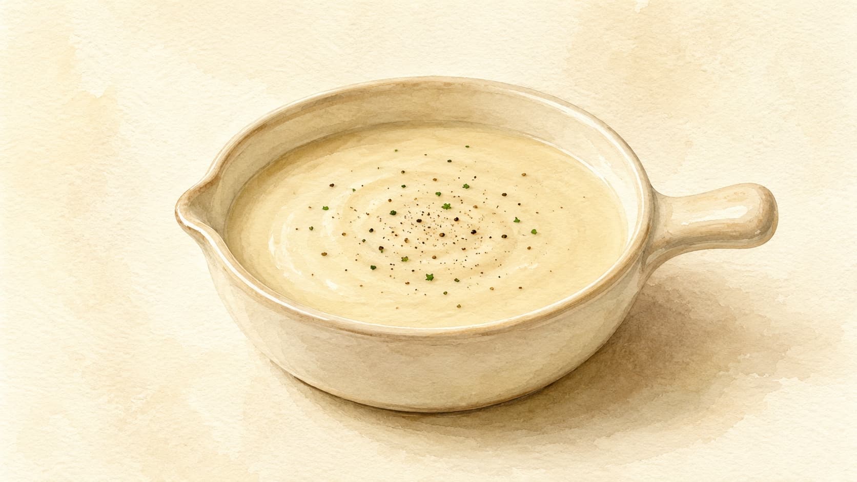 A smooth, pale cream-colored soup served in a bowl with a garnish of fresh herbs.