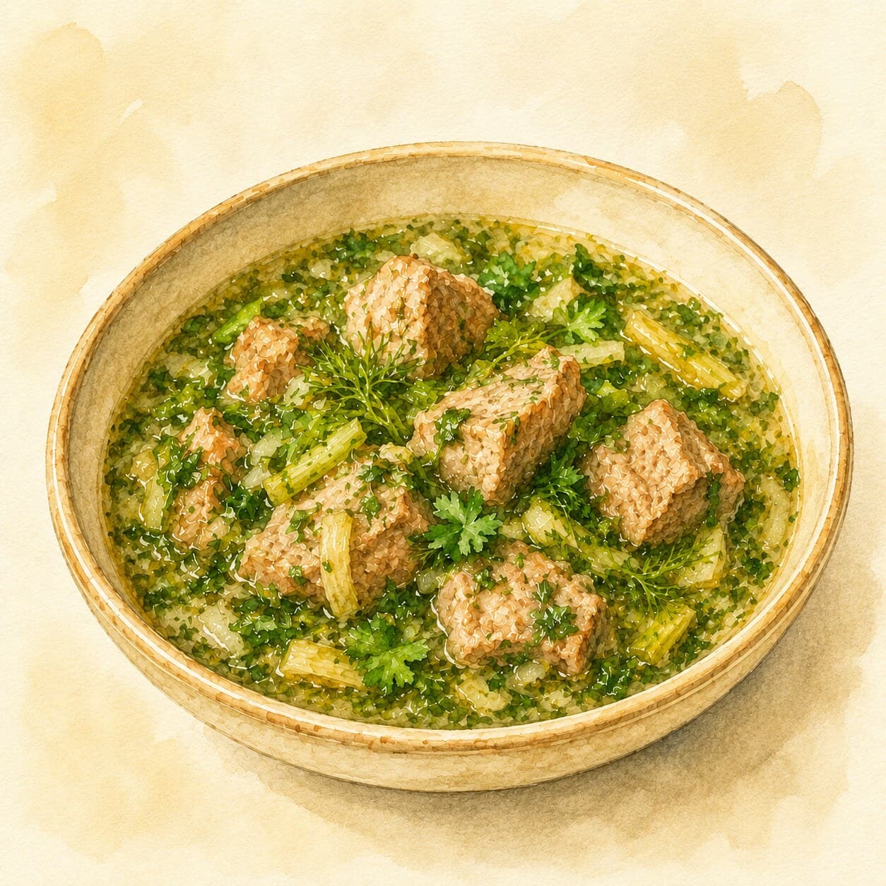 A rustic bowl of Chakapuli showcasing tender lamb pieces, vibrant green plums, and fresh tarragon leaves.