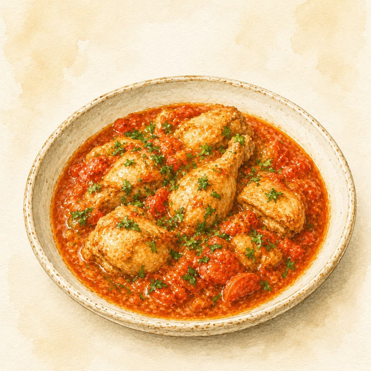 A rustic bowl of Chakhokhbili, showcasing tender chicken nestled in a rich tomato and onion sauce, garnished with fresh herbs.
