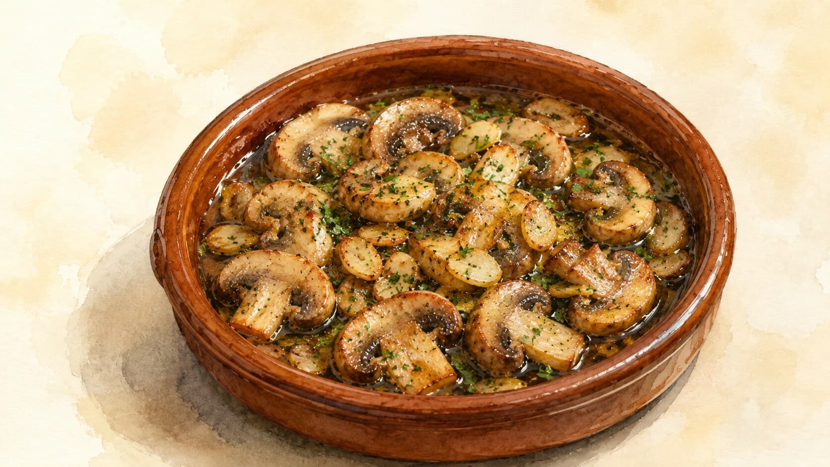 Sliced mushrooms in glossy garlicky oil bubbling in a brown clay cazuela, topped with parsley and a dried chili pod.