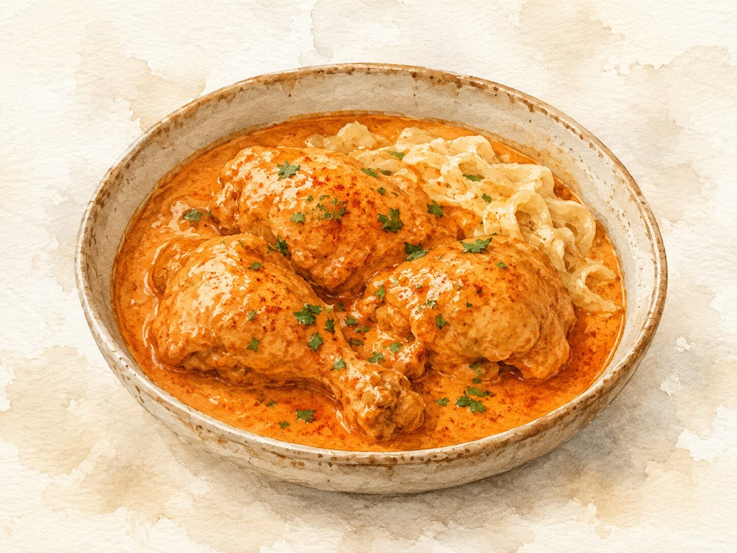 A bowl of Chicken Paprikash with a creamy paprika sauce and garnished with fresh parsley.