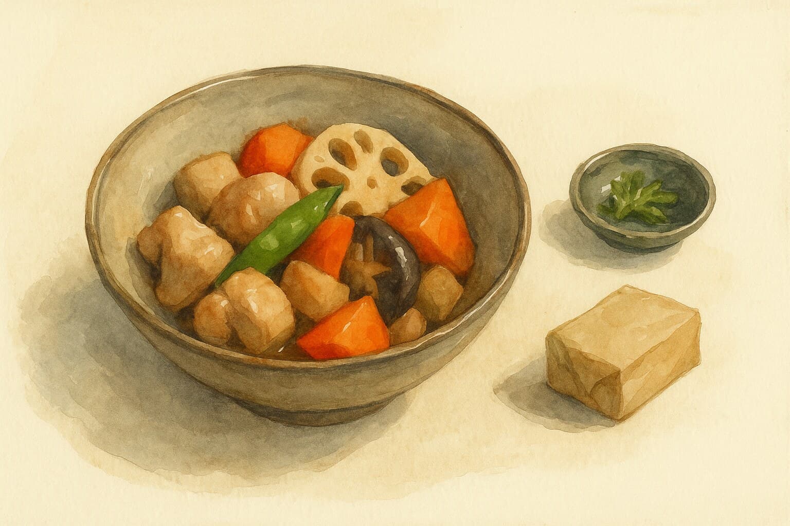 ダークな醤油ダシで絡められた鶏もも肉と根菜が盛り付けられた家族スタイルの筑前煮。
