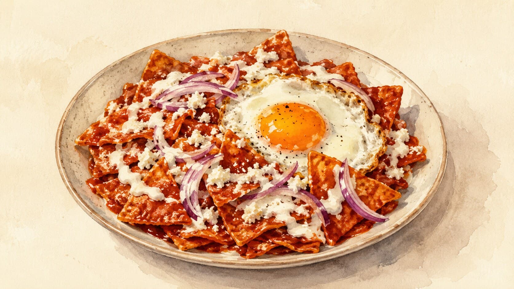 A plate of tortilla chips glistening with red salsa, topped with a fried egg, crumbled cheese, onion rings, and cilantro.