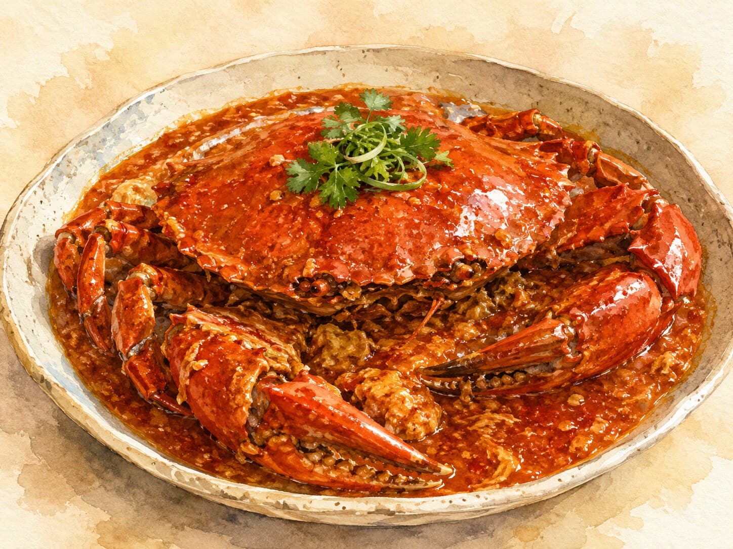 Crab pieces in a glossy red-orange sauce with silky egg ribbons, accompanied by steamed white buns.