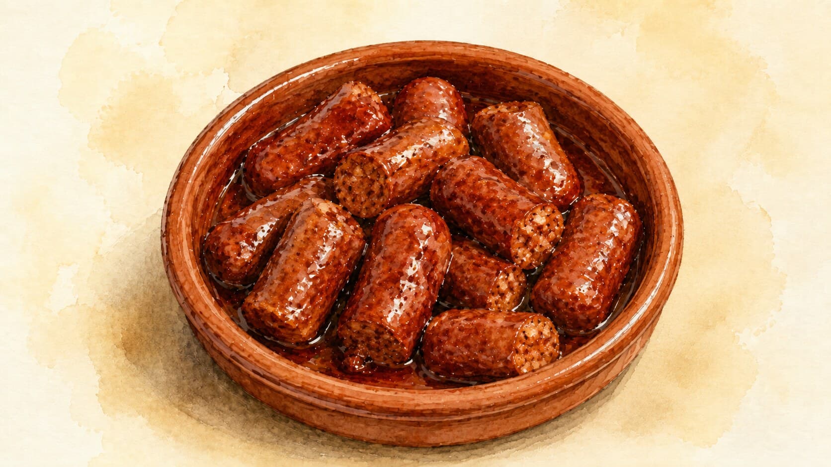 Three short thin red sausages in glossy reddish-brown wine sauce in a brown clay cazuela, scattered with chopped parsley.