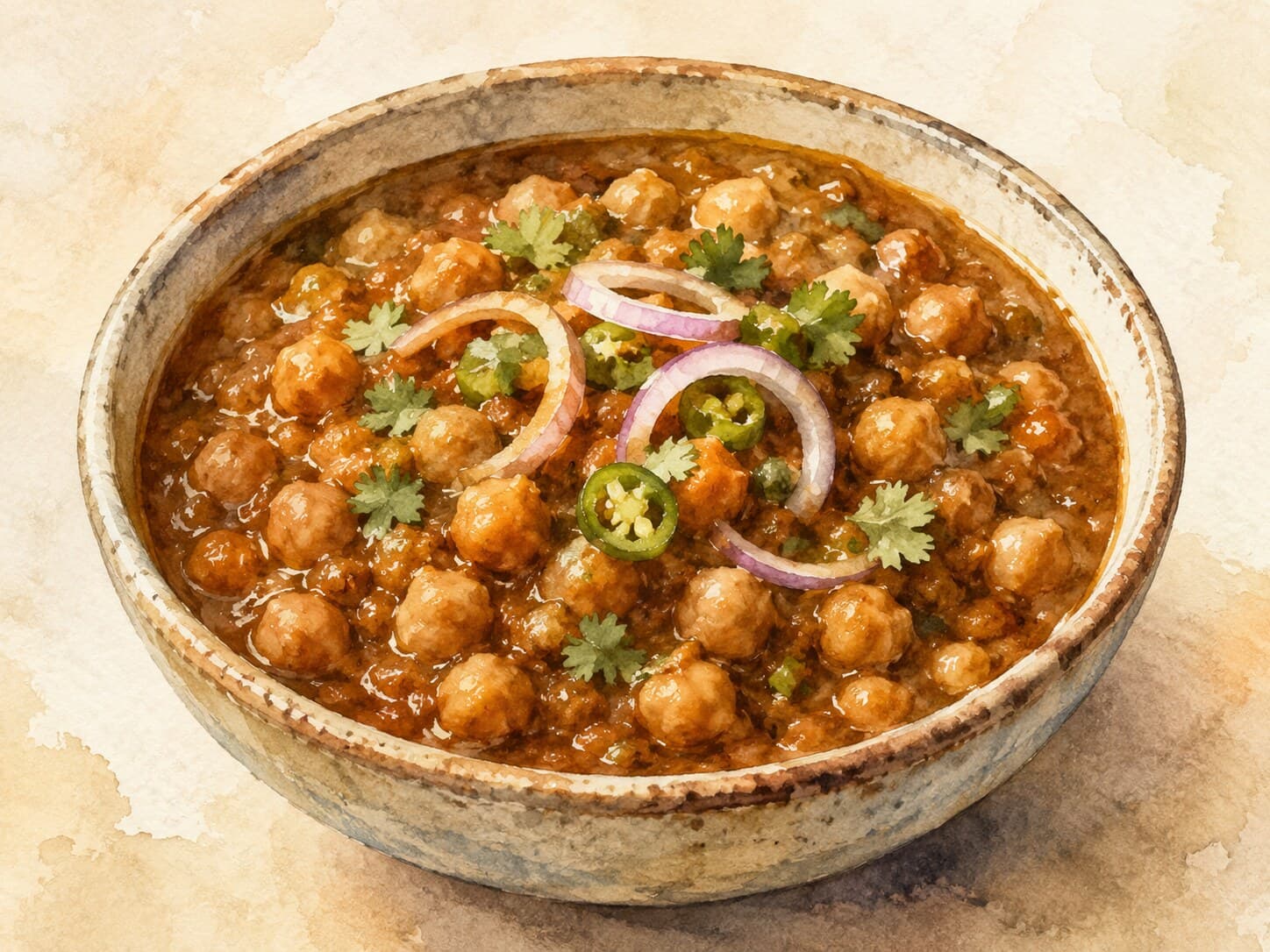 A bowl of Chole (Spiced Chickpea Curry) with a vibrant color against a warm cream background.