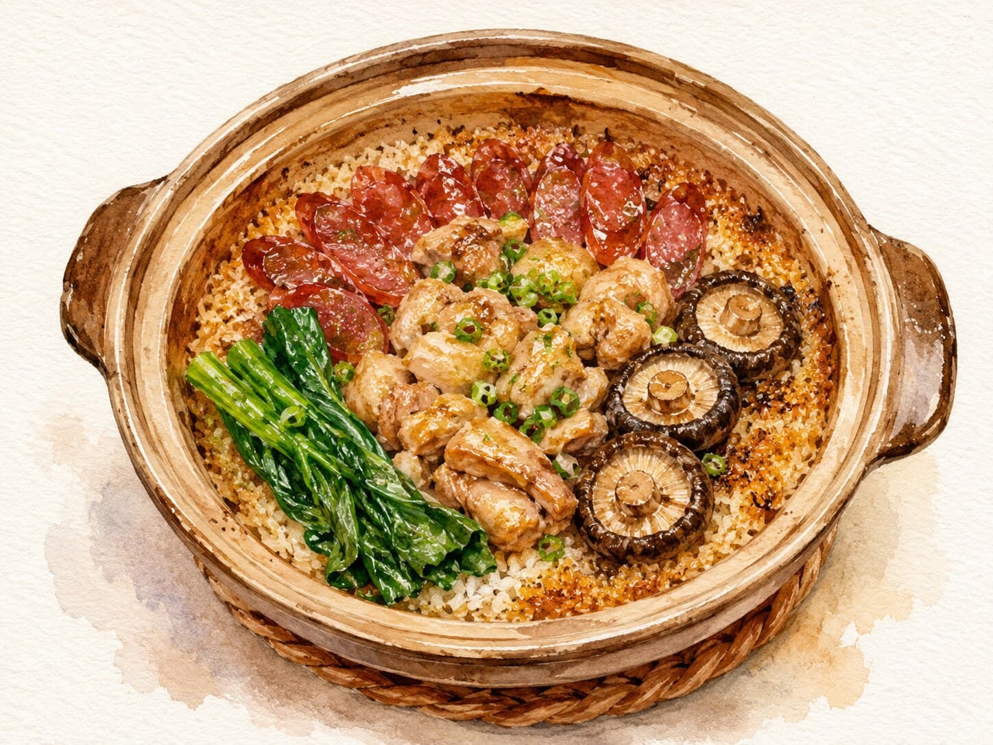A claypot filled with rice, topped with slices of cured sausage and chicken, showcasing a golden crust.