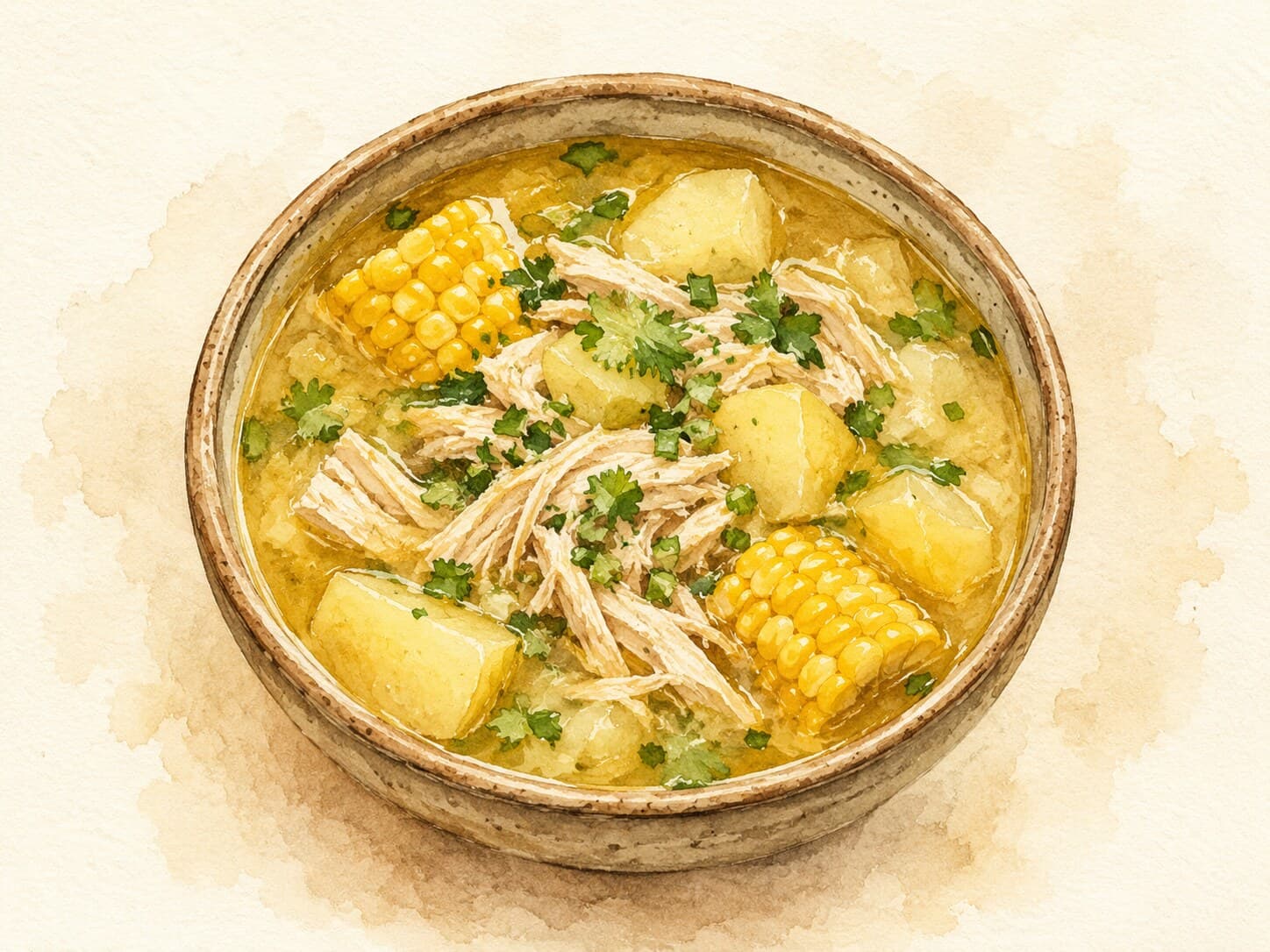 A bowl of Ajiaco with chicken, potatoes, and a garnish of cream and capers.