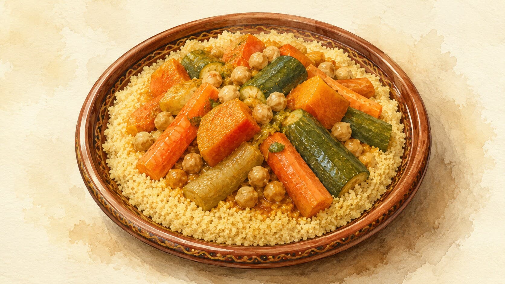 A large platter featuring a golden mound of couscous adorned with various vegetables.