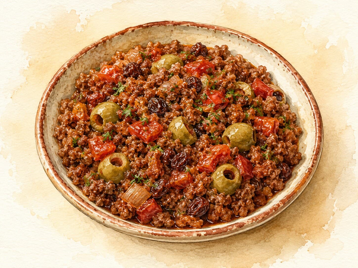 A vibrant watercolor illustration of Cuban Picadillo in a rustic bowl, showcasing its colorful ingredients.
