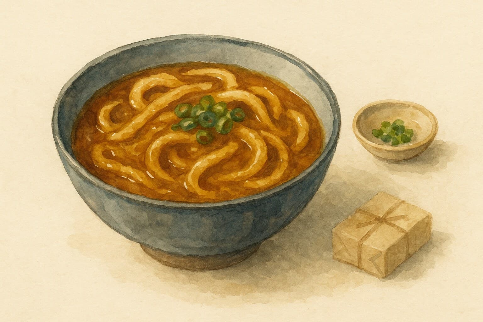 A bowl of curry udon topped with scallions, showcasing the rich, thick broth and udon noodles.