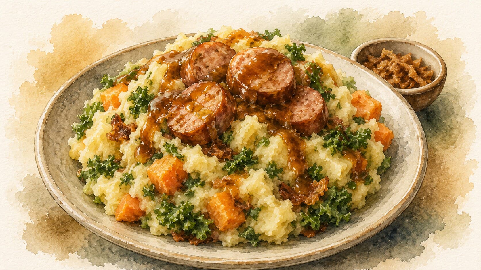 A bowl of Stamppot with creamy mashed potatoes and kale, featuring a crater filled with sausage gravy.