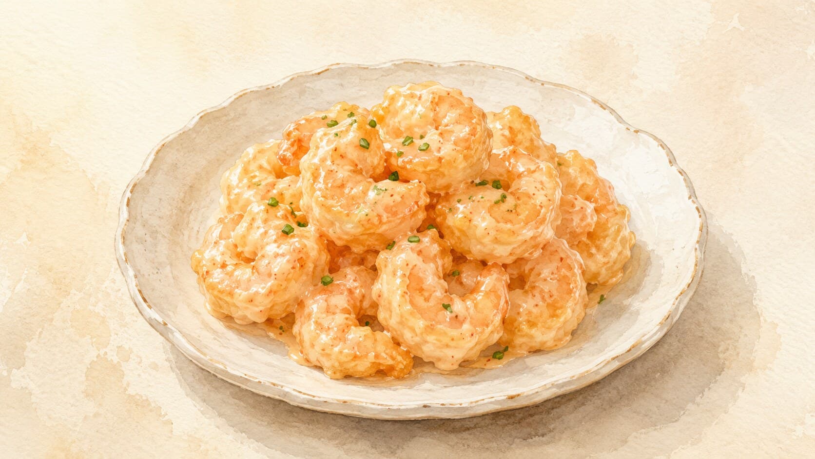 A plate of golden battered shrimp dressed in glossy pale-pink creamy sauce, topped with finely chopped green onion.