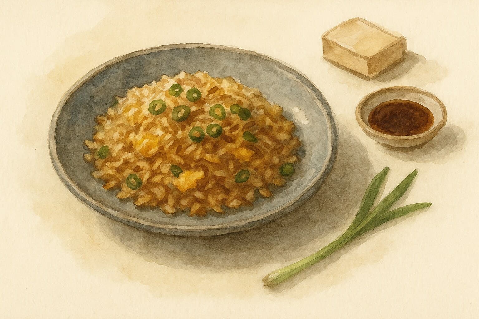 A vibrant serving of egg fried rice with separate grains, garnished with scallions.