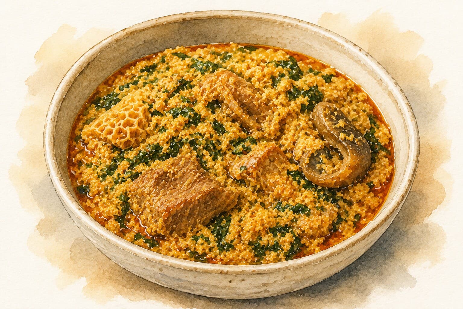 A bowl of Egusi Soup garnished with leafy greens and served with a side of fufu.