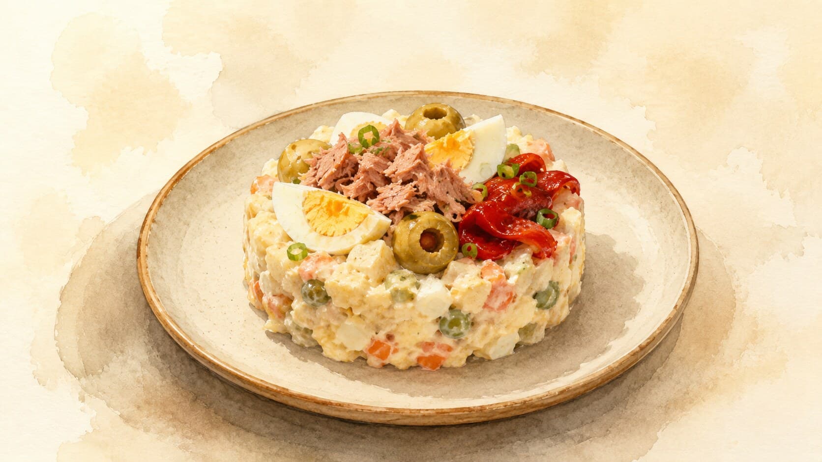 A pale-cream mound of potato salad topped with sliced hard-boiled egg, olives, and bright red pepper strips in a clay cazuela.