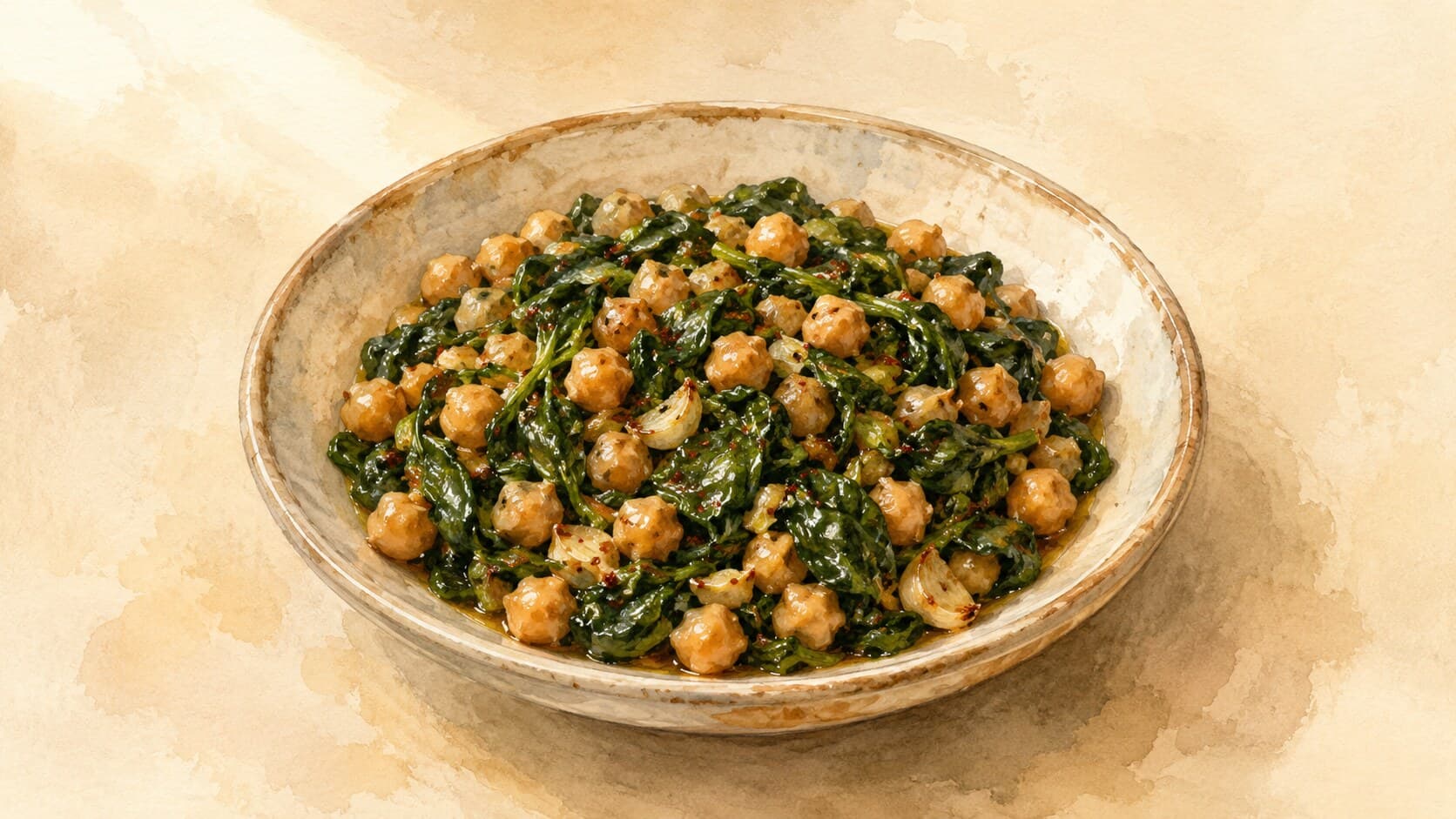 A shallow earthenware bowl filled with vibrant spinach and chickpeas, garnished with smoked paprika.