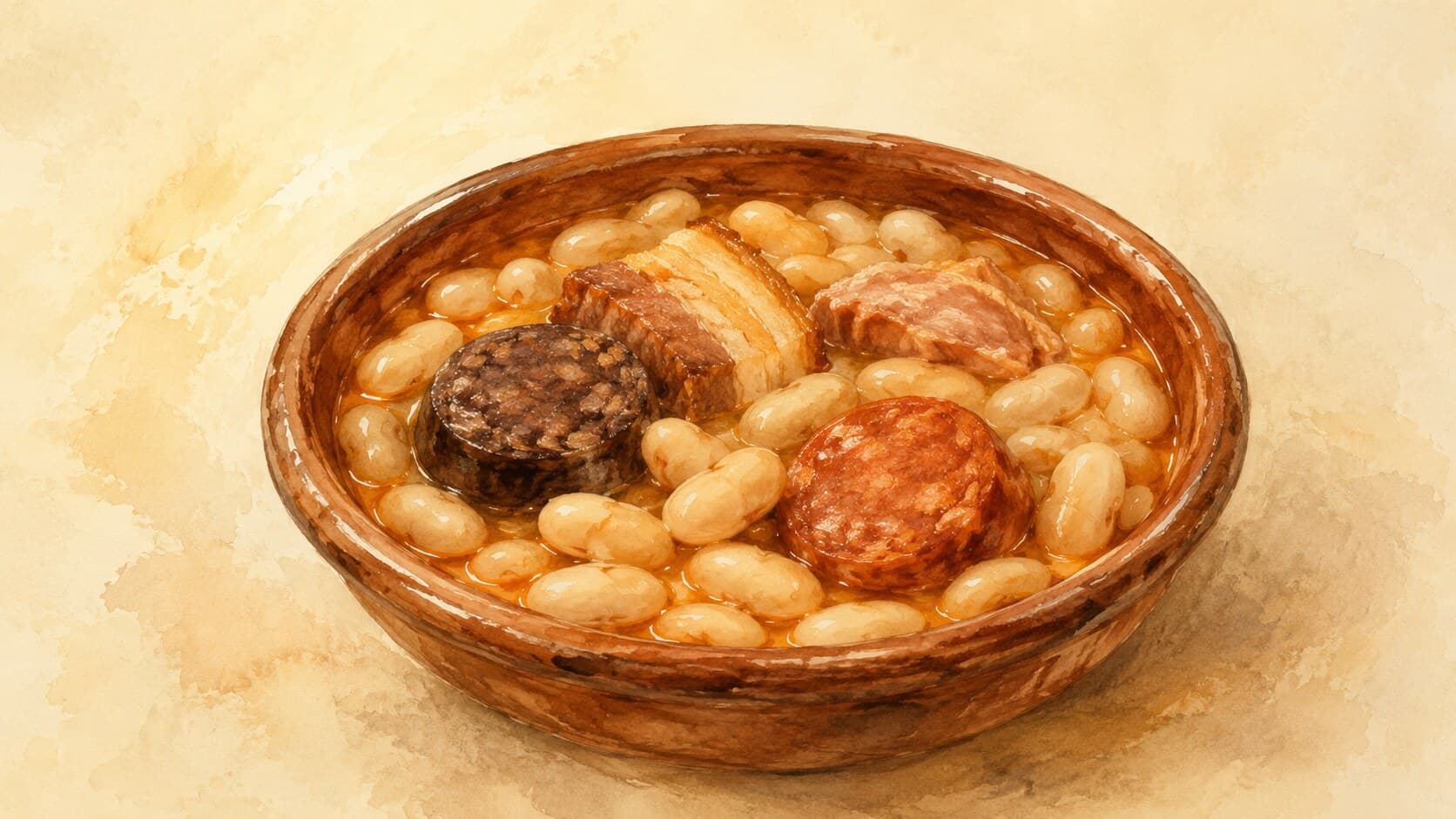 A rustic earthenware bowl filled with white beans, chorizo, morcilla, and pork, showcasing the hearty nature of Fabada Asturiana.