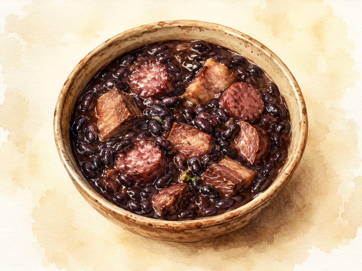 A beautifully illustrated bowl of feijoada, showcasing dark black beans and pork cuts.