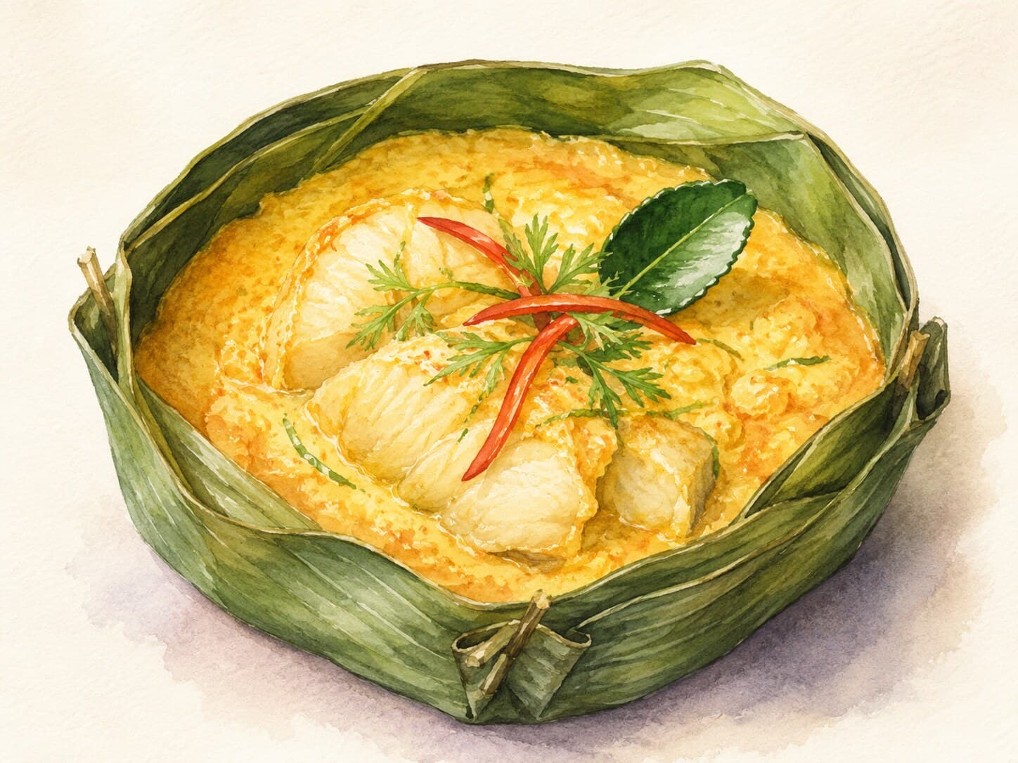 A delicate, steamed Fish Amok in a banana leaf cup, showcasing its soft, mousse-like texture.